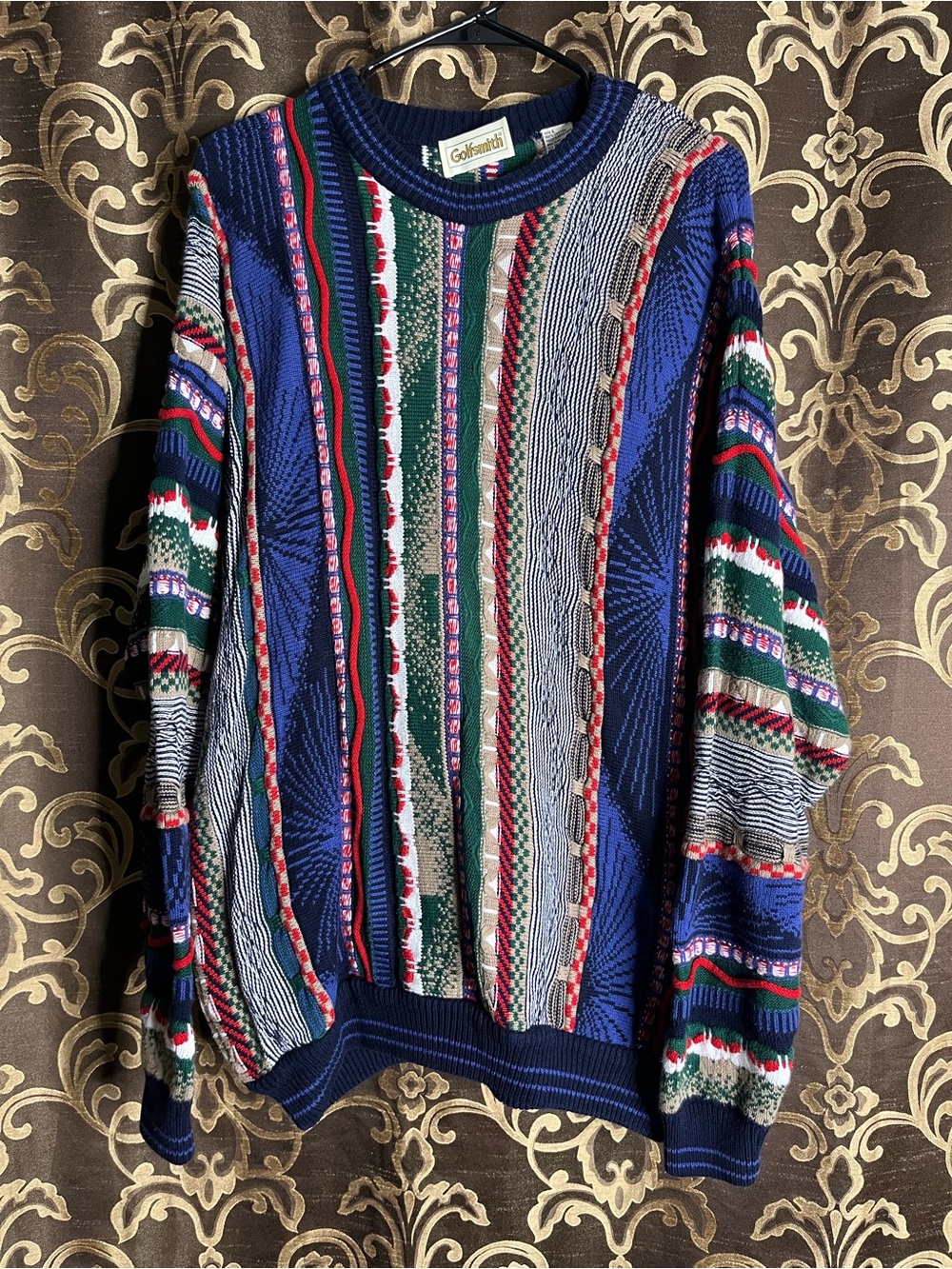 Men’s Coogi-Style Multicolor Vintage Knit
Sweater - Blue/Green/Red